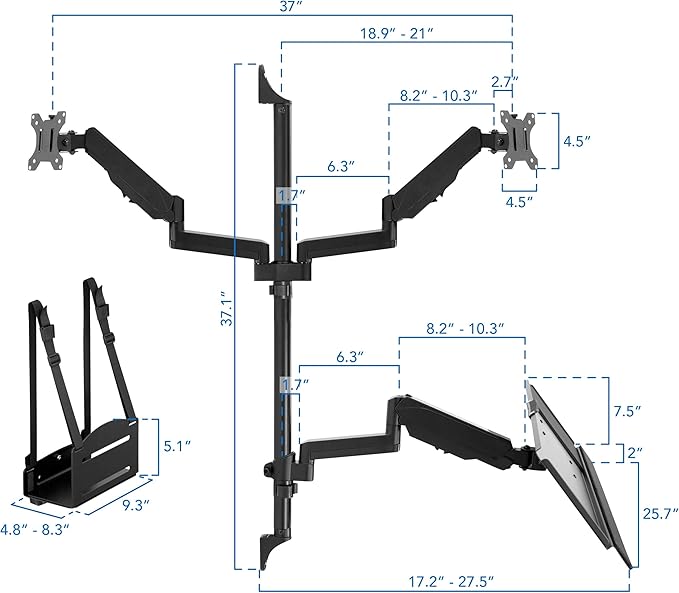 Mount-It! Dual Monitor Arm Wall Mount Workstation with Keyboard Tray & CPU Holder, Height Adjustable Gas Spring Full Motion Computer Station, Fits 17–32” VESA 75x75 100x100, Black