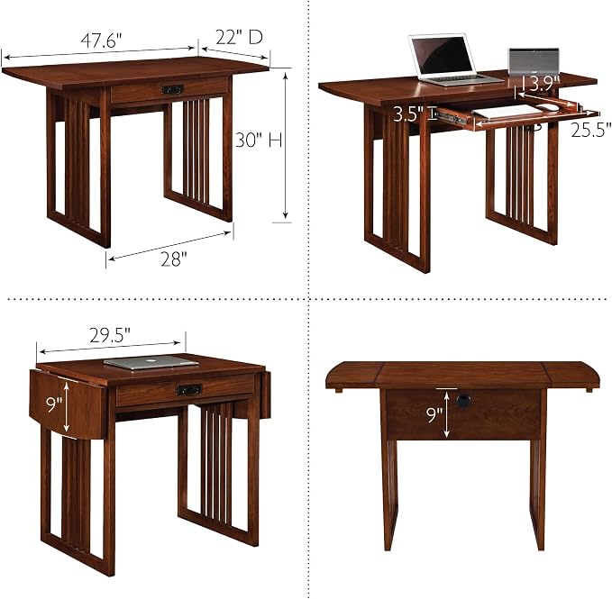 Mission Drop Leaf Computer Desk, 32-Inch, Solid Wood, Compact Folding Writing Desk for Small Spaces, Home Office – Leick Home, 82420
