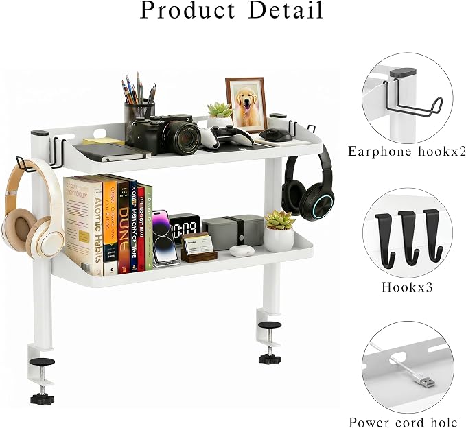 Clamp on Desk Shelf White, 24in 2-Tier Office Desk Shelves Organizer, Shelf for Top of Desk with Headphone Holder and Hooks, Desktop Storage Rack for Home Workspace, Study Rooms, Gaming Accessories