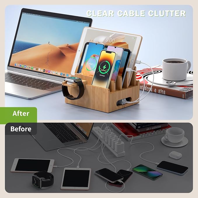 Pezin & Hulin Bamboo Charging Stations with 5 Port USB Charger & 5 Cables | Cell Phone Organizer for Multiple Devices with Watch Stand for Tablets, Smart Watch