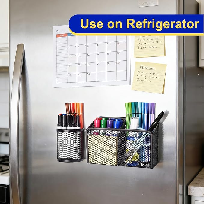 BEYGORM Magnetic Dry Erase Marker Holder for Whiteboard, Mesh Pen & Pencil Holder for Refrigerator, Strong Magnetic Basket for School Locker, Office & Classroom Organizer (Black, 3-Pack)