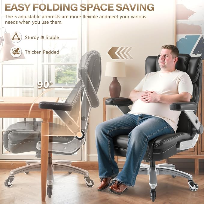 650LBS Large Heavy Duty Executive Office Chair with 5D Flip Arms and Pocket Spring Cushion, Ergonomic Big and Tall Desk Chair with Lumbar Support,High Back PU Leather Computer Chair