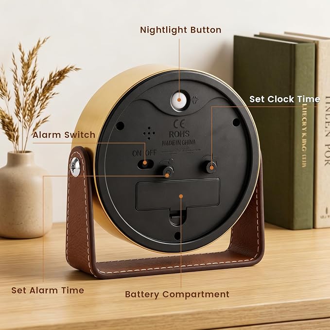 Analog Alarm Clock - 4.5" Silent Non Ticking Small Clock with Light, Rotatable Stand Metal Desk Clock Battery Operated, Simple Design for Living Room Decor/ Bedroom/Bedside/Shelf (Gold & Brown)
