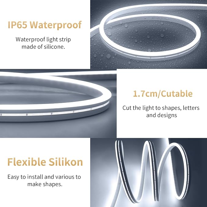iNextStation USB LED Neon Lights Strip White, 6.6ft 5V Neon Rope Lights Waterproof Flexible Dimmable LED Neon Tape Lights for TV Backlight, Bedroom, Cabinet, Kitchen, DIY Lighting