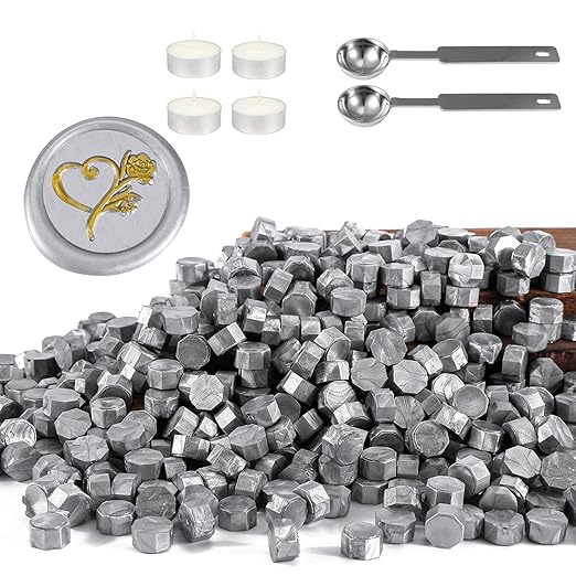 Yoption 360 Pcs Silver Octagon Sealing Wax Beads for Wax Seal Stamp with 4 Candles and 1pcs Melting Spoon