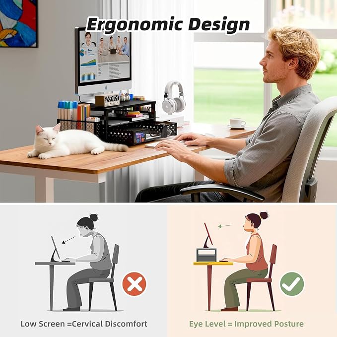 Simple Trending 2-Tier Monitor Stand Riser, Laptop & Printer Stand, Black | Metal Desk Organizer with Drawer, Desktop Organizer, Ergonomic Design, for Home Office, 16.34"W x 10.35"D x 3.5"H