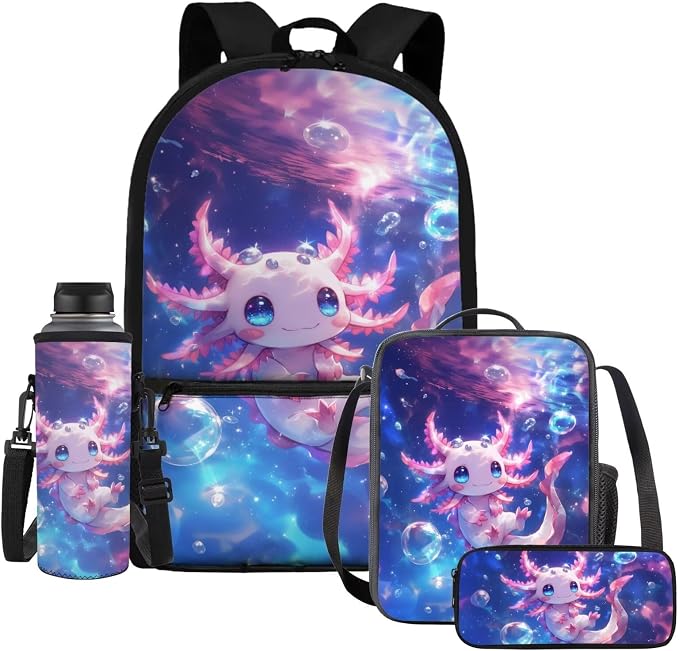 WELLFLYHOM Cute Axolotl 4 PCS Kids Backpack Set for Girls 1st-5th Grade, Pink 17 Inch Ocean Elementary School Bag with Lunch Box for Child Back to School Supplies, Mochila Para Niñas