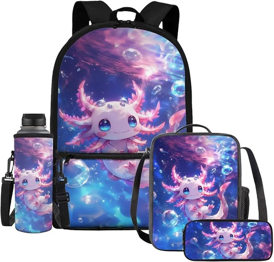 WELLFLYHOM Cute Axolotl 4 PCS Kids Backpack Set for Girls 1st-5th Grade, Pink 17 Inch Ocean Elementary School Bag with Lunch Box for Child Back to School Supplies, Mochila Para Niñas