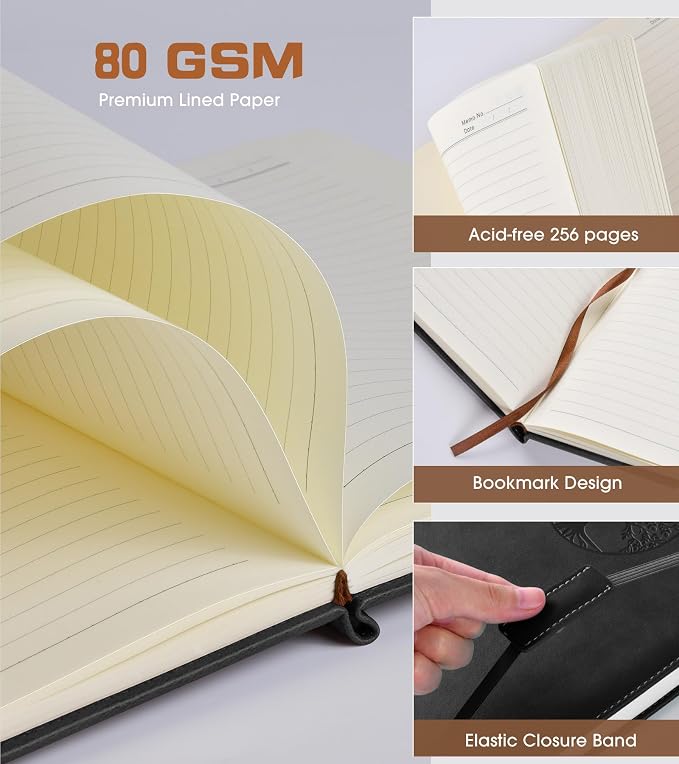 Biuwory Lined Journal Notebook for Women Men,256 Pages A4 Large Hardcover Leather Journals for Writing,Travel,Business,Work,School,College Ruled Notebooks for Note Taking, Diary Notepad 8.6"×11"