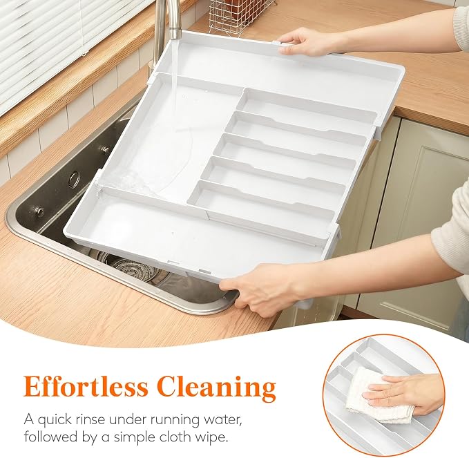 Lifewit Silverware Drawer Organizer, Expandable Utensil Tray for Kitchen, BPA Free Flatware and Cutlery Holder, Adjustable Plastic Storage for Spoons Forks Knives, 5-8 Slots, White