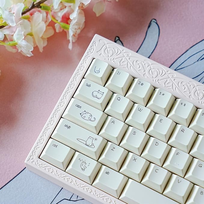 PBT Cat Keycaps, White Minimalist Keycap, 163 Keys Cherry Profile Keyboard Keycaps Set, Cute Cat Dye-Sublimation Custom Key Caps for Cherry MX Switches Mechanical Gaming Keyboard