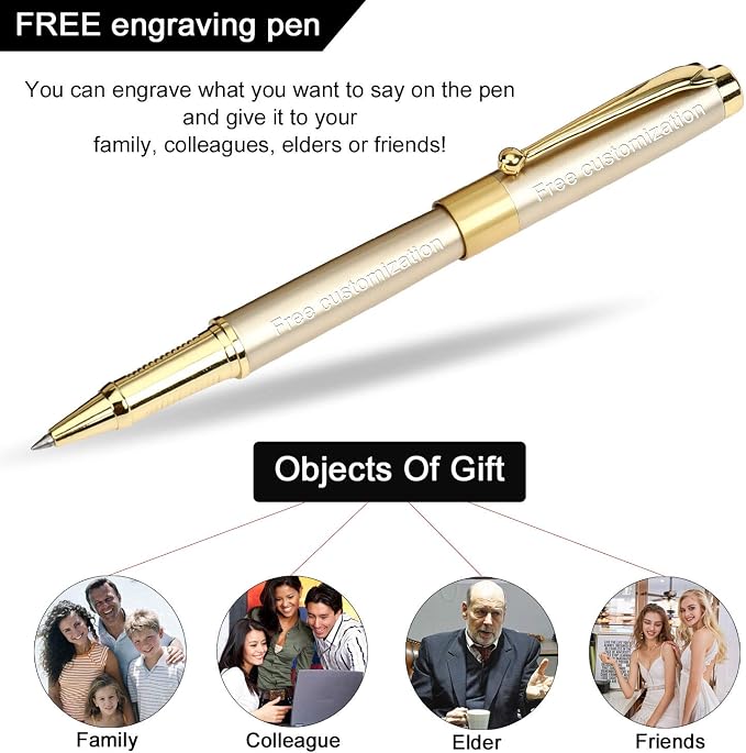 1314 Free Engraving pen Personalized custom pens Roller Ballpen, Ballpoint pen, Ball pen, Medium Refill Pen Black Ink, Custom Gifts for Men, Women, Classy Gift Box (Gold Style 2)
