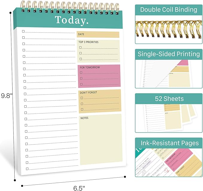 CICPAP To Do List Notepad - To Do List Notebook for Work with 52 Sheets, Undated Daily Planner Perfect for Enhanced Productivity and Goal Achievement - Green Pink
