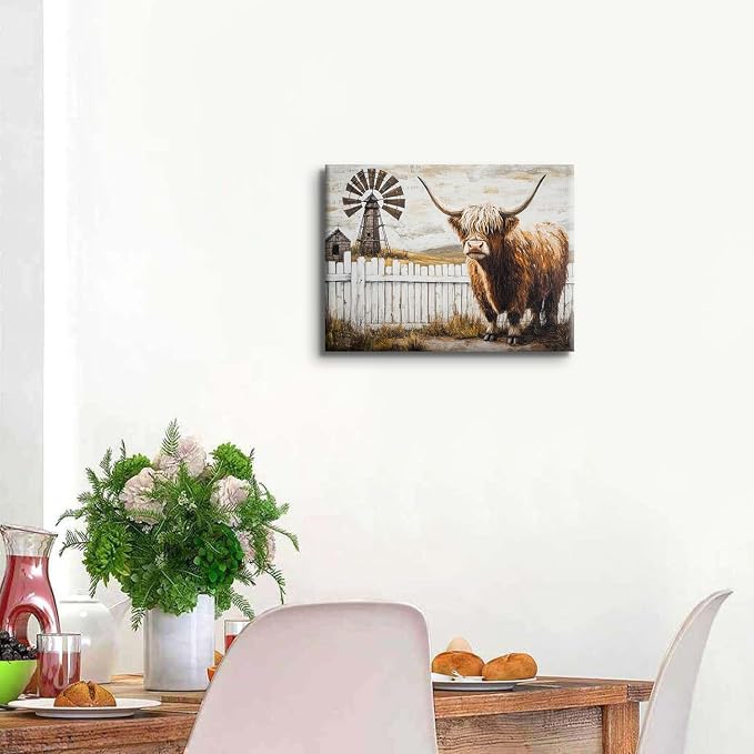 Farmhouse Highland Cow Wall Art Windmill Barn Pictures Western Wall Decor for Kitchen Living Room Country Farm Animals Canvas Paintings Rustic Landscape Poster Prints Artwork Cabin Decorations 12x16"