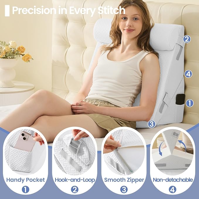 Sasttie Adjustable Wedge Pillow Set for After Surgery, White | Bed Wedge Pillow Headboard with Memory Foam Neck Cushion, for Acid Reflux, Sleeping, Neck & Back Support