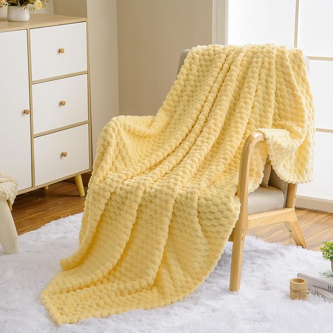 Vessia Flannel Fleece Queen Size Bed Blanket(90x90 inch), 3D Jacquard Light Yellow Fuzzy and Warm Blanket for Adults, 300GSM Super Soft Touch Cozy Lightweight Bed Decor for All-Season