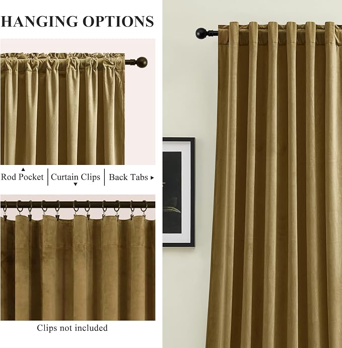 AUSSPVOCT Gold Velvet Blackout Curtains 90 Inches for Bedroom Dining Room, Soundproof Thermal Insulated Room Darkening Curtain Super Soft Luxury Drapes with Back Tab Rod Pocket, W52 x L90, 2 Panels