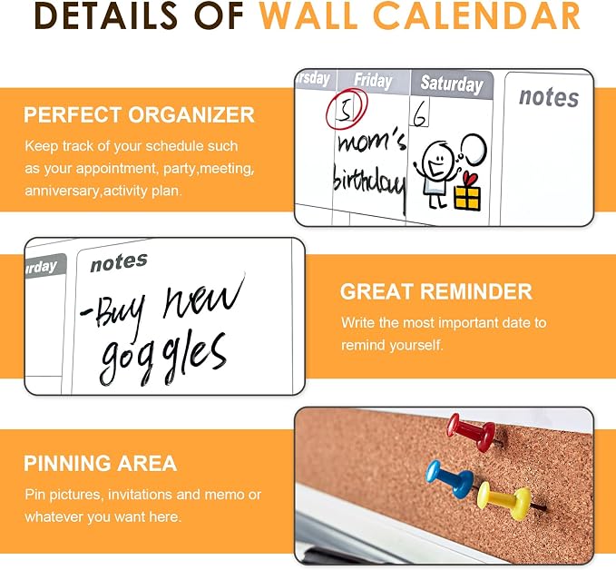 MAKELLO Dry Erase Calendar for Wall 24" x 18", Whiteboard Calendard with Cork Board for Office, Home, School, Family, Kitchen and Bedroom