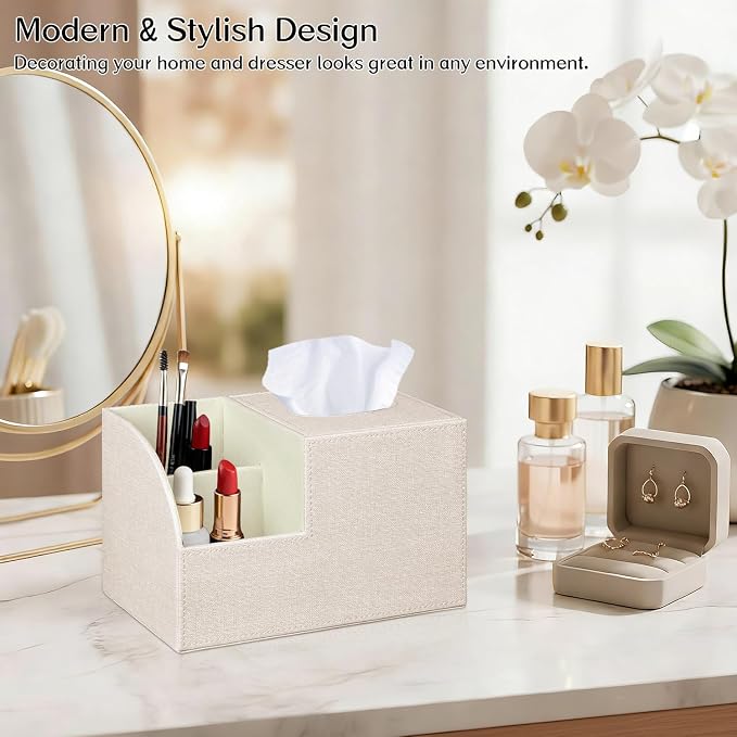 Square Tissue Box Cover with Storage, PU Leather Facial Cube Tissue Holder | TV Remote Control Holder, Desk Accessories Nightstand Organizer, Modern Table Caddy for Bathroom, Bedroom, Home, Office Decor