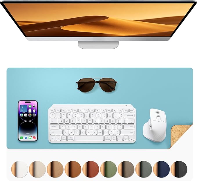 Aothia Double-Sided Desk Pad – 25.6"x13.7" Large Mouse Pad, Leather Desk Mat with Eco Cork Protector, Waterproof Desk Blotter for Office/Home (Blue Topaz)