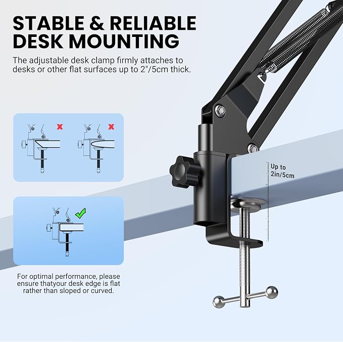Microphone Arm Stand,Heavy Duty Adjustable Suspension Boom Scissor Microphone Stand with Clamp Clip & 3/8" to 5/8" Adapter and Cable Ties for Podcast, Streaming, Gaming, Recording
