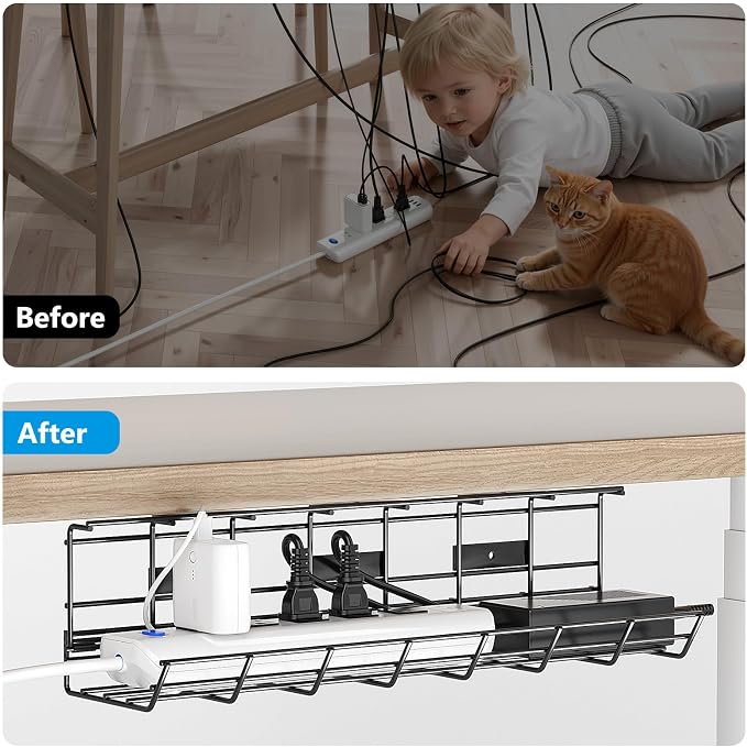 2 Pack DELAMU Under Desk Cable Management Tray, Metal Cord Cable Organizer for Desk, Easy Install Pre-drilled Wire Management Wire Organizer for Office & Home