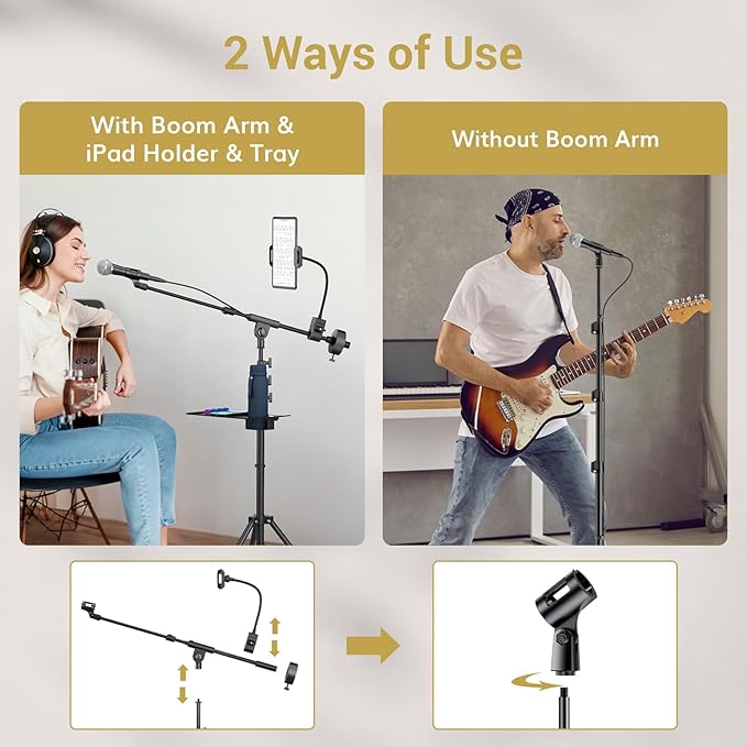 TONOR Microphone Stand with Tablet Holder, Tripod Boom Arm for Floor, Adjustable Height and Angle, Stand with Carrying Bag, Pad Clamp, Max 190 cm/74.8inch, High Compatibility, Cup Tray, T35+