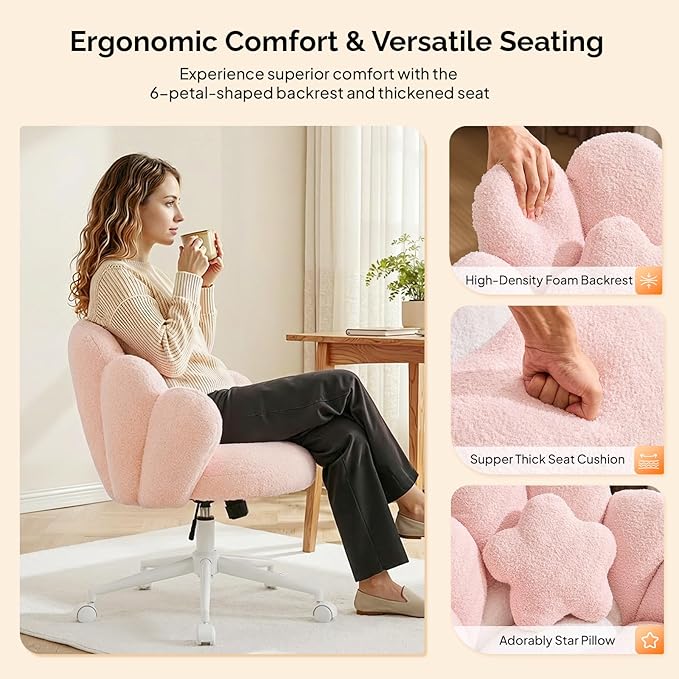 VINGLI Lovely Petal Vanity Desk Chair with Star Pillow, Height Adjustable Armless Swivel Chair in Vibrant Color-Blocking, Modern Computer Task Chair for Bedroom & Home Office, Teddy Fleece,Pink