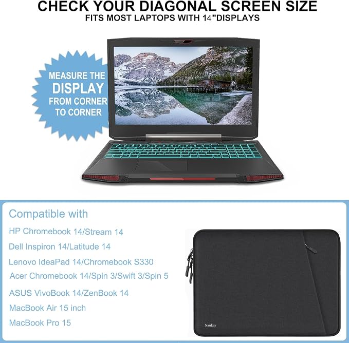 Naukay Laptop Sleeve 15 inch, Shockproof Protective Computer Case Cover with Accessories Pocket, Water Resistant Traveling Carrying Laptop Bag Compatible for MacBook Dell HP Acer Asus Lenovo, Black