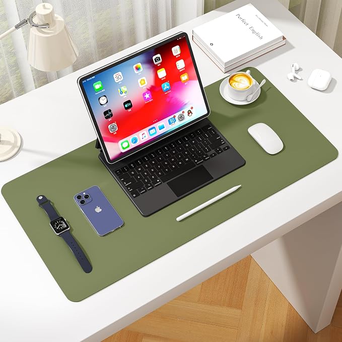 Leather Desk Pad Protector, Waterproof Mouse Pad, PU Desk Mat, Office Desk Cover, Desk Writing Mat for Office/Home/Work/Cubicle (Avocado Green) 31.5x15.7 in