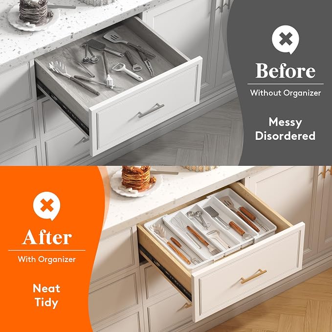 Lifewit Utensil Organizer for Kitchen Drawers, Expandable Cooking Utensil Tray, Adjustable Cutlery Silverware Flatware Holder, Plastic Spatula Tools Storage Divider, 11-18 x 14", White