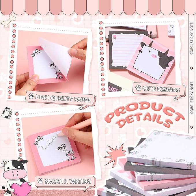 9 Pads Cute Sticky Notes Cartoon Self Stick Notepads 3x3 Inches Notes Adhesive Memo Pad Office Decor Gifts for Students School Teacher Office Meeting(Cow)
