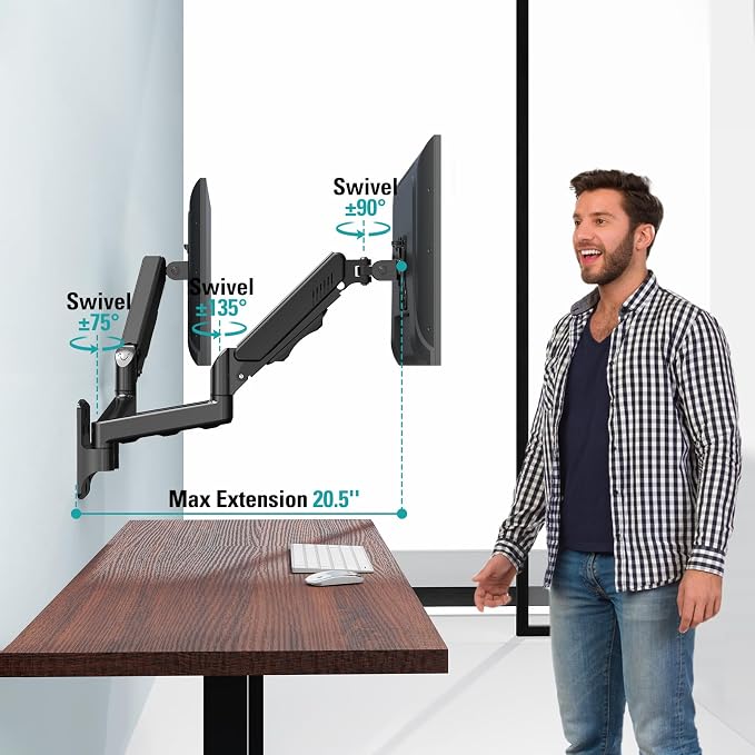Dual Monitor Wall Mount for 13-32" Computer Screens | Holds Up to 19.8lbs Each Monitor Mounts for 2 Monitors, Full Motion Gas Spring Monitor Arm with VESA 75x75/100x100