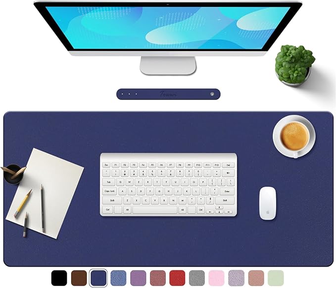 TOWWI PU Leather Desk Pad with Suede Base, Multi-Color Non-Slip Mouse Pad, 24” x 14” Waterproof Desk Writing Mat, Large Desk Blotter Protector (Dark Blue)
