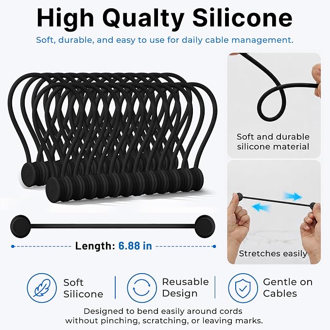 COOLMI Magnetic Cable Ties 24 Pack, 6.88 Inch Reusable Silicone Cord Organizer Wraps, Strong Magnet Cable Management Straps for Charging Cords, USB Cables, Earbuds, Desk, Travel, Black