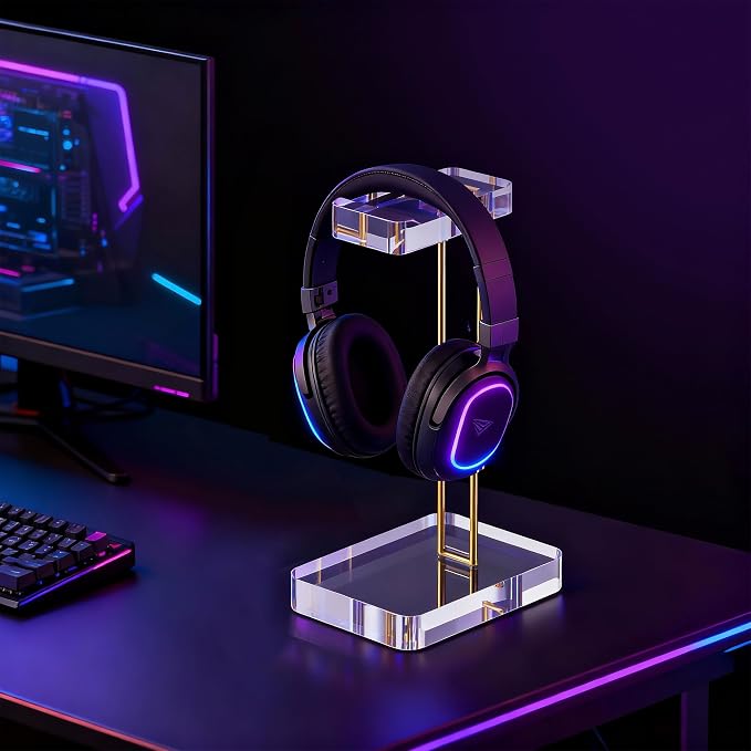 Headphone Stand Headset Holder for Desk, Solid Christal-Clear Acrylic with Gold Hardware Earphone Hanger for Gaming Room Office Accessories