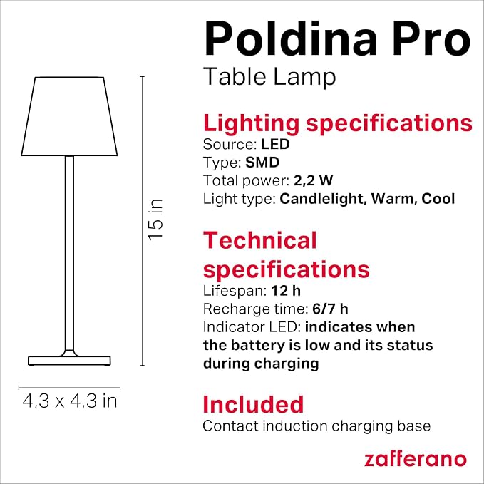 Zafferano, Poldina Pro Lamp with with Glossy Chrome Finish, Rechargeable Cordless Table Lamp with Touch Controls, Usable as an Indoor Lamp, Dimmer, 2200-3000 K, Height 14.9 Inches