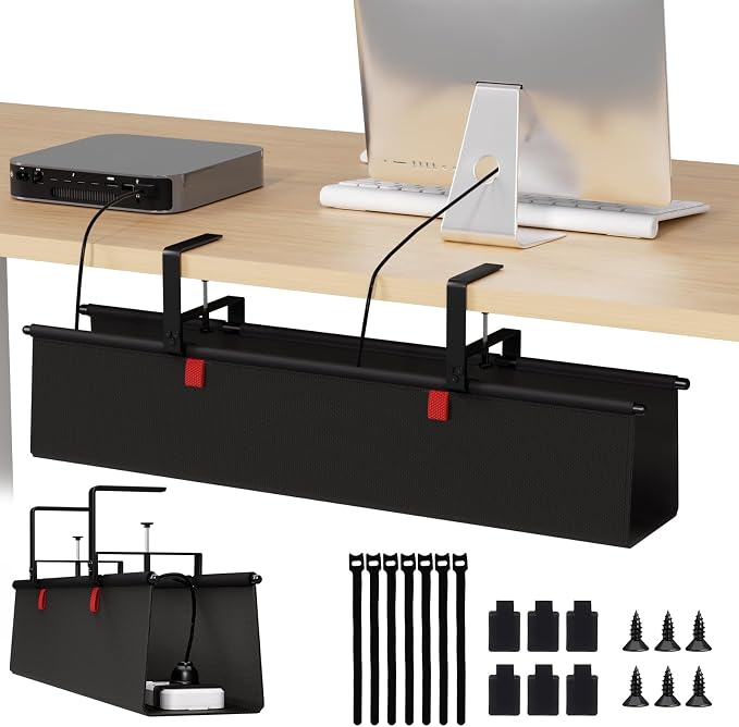 Under Desk Cable Management Tray, 28" Fabric Wire Cord Organizer, Black | No Drill Under Table Wire Organizer with 16X Cable Ties for Office/Home, Cord Hider Fit Adapters & Sockets, Clamp/Screw Mount