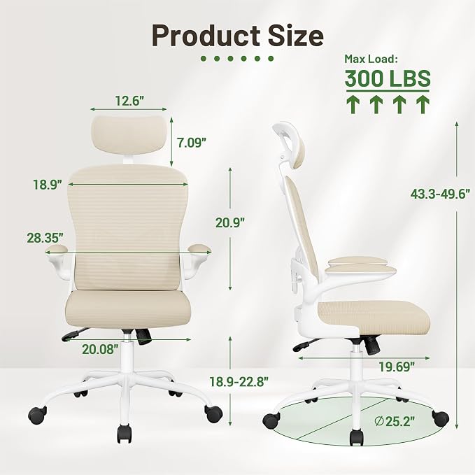 Furmax Ergonomic Office Chair Executive High Back Computer Desk Chair with 3D Adjustable Headrest, Adjustable Lumbar Support Armrests for Home Office (Light Beige)
