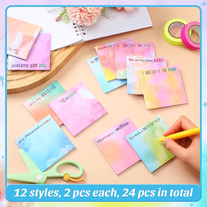 Yinder 24 Pcs Inspirational Sticky Notes Thank You Gift Motivational Sticky Note Pad Employee Appreciation Gift Bulk for Staff Coworker Teacher Nurse Office Groups 3 x 3'' (Thank You,Water Color)