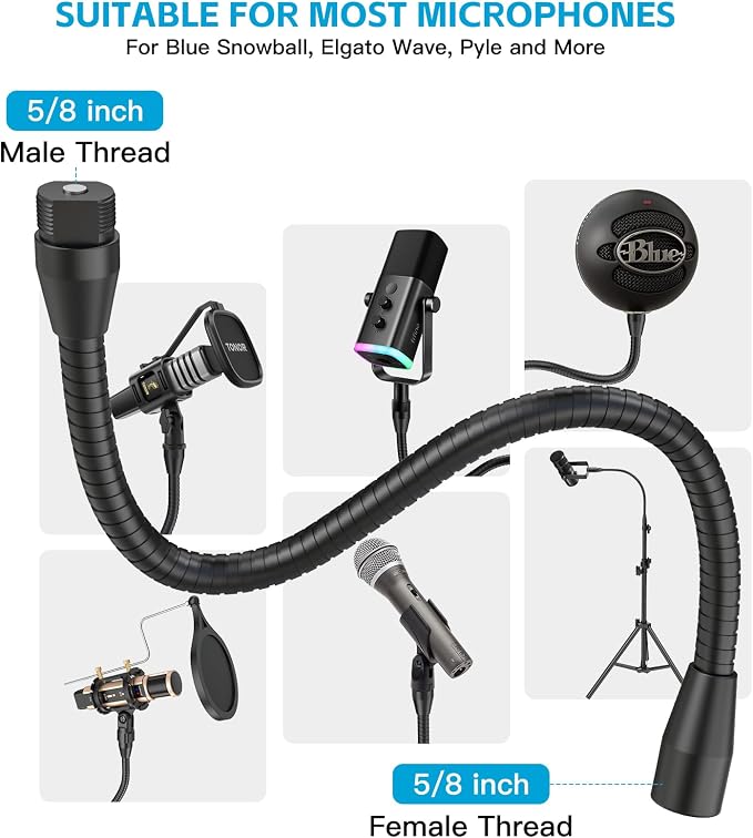 ZealSound Multifunction Metal Hose Arm, 13 inch Microphone Gooseneck, Stand Extension for Mic Floor Stand