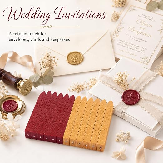 12 Pieces Sealing Wax Sticks with Wicks for Letter Sealing Stamp Wedding Invitations, Packaging Decoration (Red-Gold)