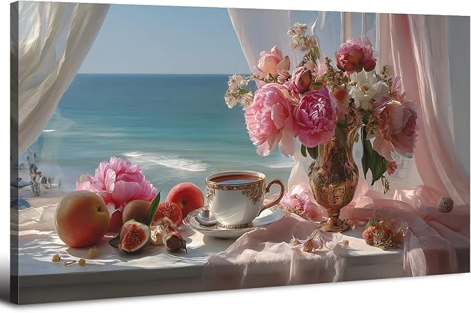 AIYISU Vintage Pink Flower Wall Art Retro Flowers in Golden Vase Pictures Blue Ocean Coastal Landscape Canvas Prints Blossom Painting Poster Floral Artwork Living Room Bathroom Home Decoration 30x60