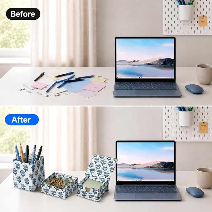 CPC Apatite Blue Block Print Set of 3 Desk Organizer Pen And Sticky Note Holder Cute, Aesthetic, Decor accessories, workspace organizers, Caddy Storage, Gift for Office, Professionals, Student