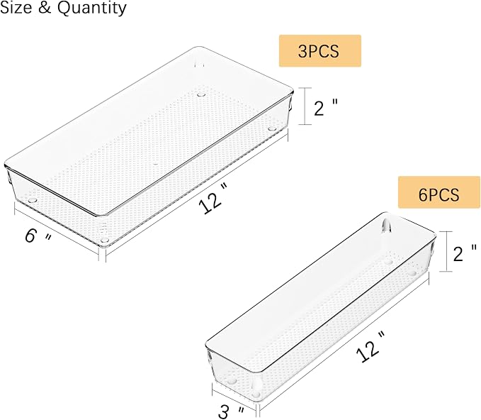 3 Pack Clear Plastic Drawer Organizer Tray Cutlery Utensil Makeups Drawer Silverware Organizers 12" X 6"&12＂X3＂(9Pack)