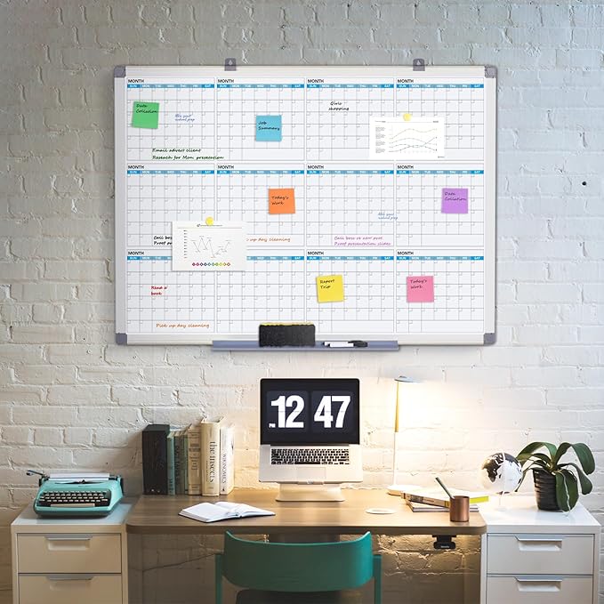 MAKELLO Large Dry Erase Calendar 43" x 31", 12 Months Planning Boards | Wall Mount, Magnetic, Aluminum Frame, Erasable Board, Easy Mount, Yearly Calendar White Board, Family, Kitchen, Classroom