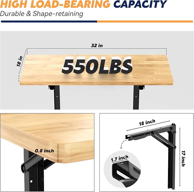Ultrawall Wall Mounted Folding Workbench, Heavy Duty Foldable Work Table, Collapsible Desk for Workshop, Garage, Office, Home, Holds Up to 550LBS, 32”X18”