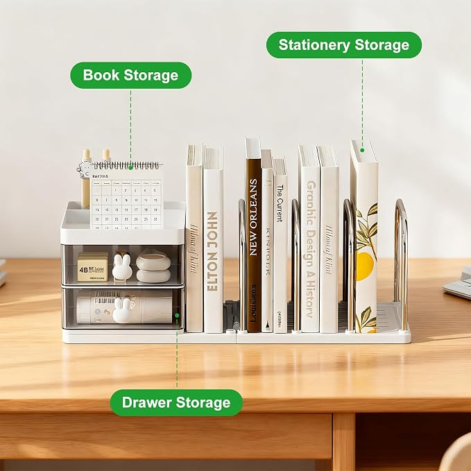 Desk Organizer with 2 Drawer, Desktop File Organizer with 4 Bookends, with Pen Holder, for Home Office School Supplies