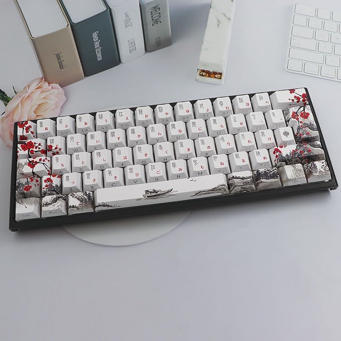 JSJT Japanese Keycaps Side-Printed Keycap Set PBT Doubleshot Shine Through Custom Keycap Cherry Profile Plum Blossom Key Caps 135 Keys for Cherry MX Switch Mechanical Keycboard