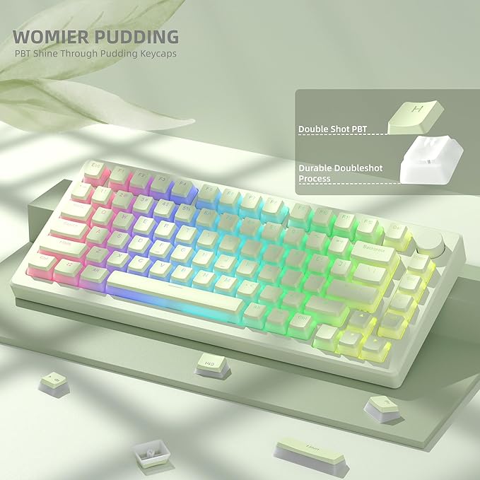 Womier Shine Through PBT Keycaps, Green Pudding Key caps, OEM Profile Double Shot Custom Keyboard Keycaps 130-key Set for 60% 65% 75% 100% Cherry Gateron MX Mechanical Keyboard-Matcha Green
